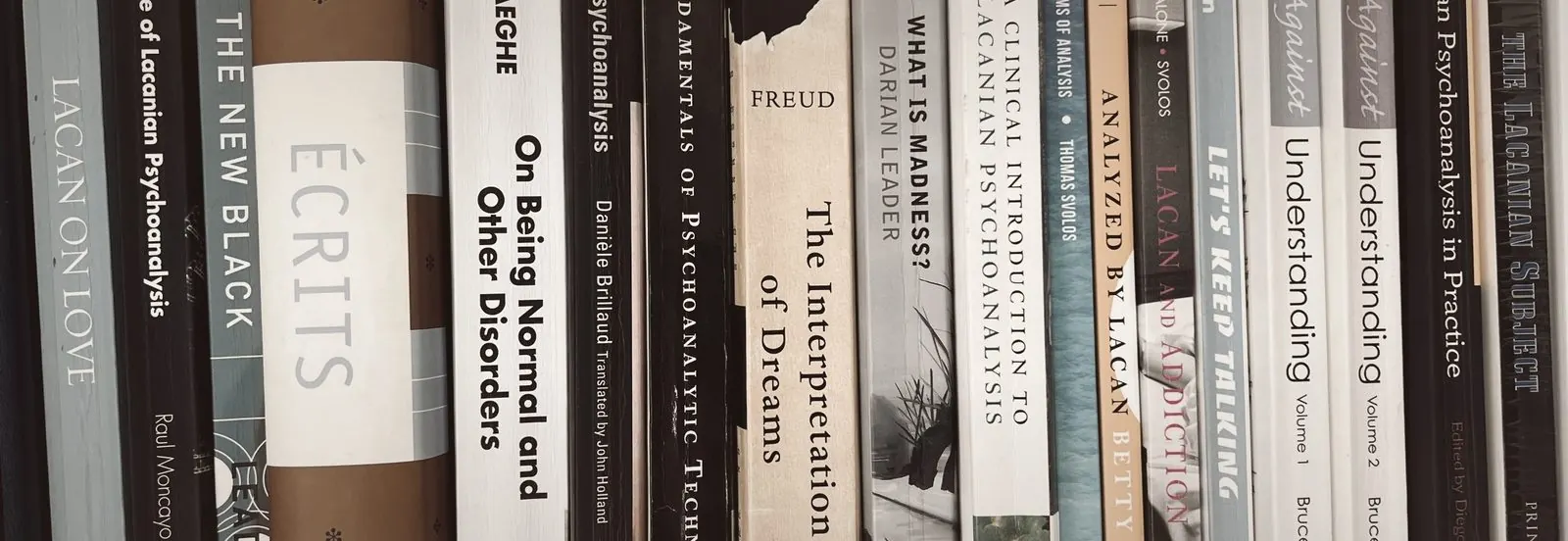 A shelf of psychoanalytic books: Lacan’s Écrits, Freud’s The Interpretation of Dreams, Verhaeghe, and several volumes by Bruce Fink.
